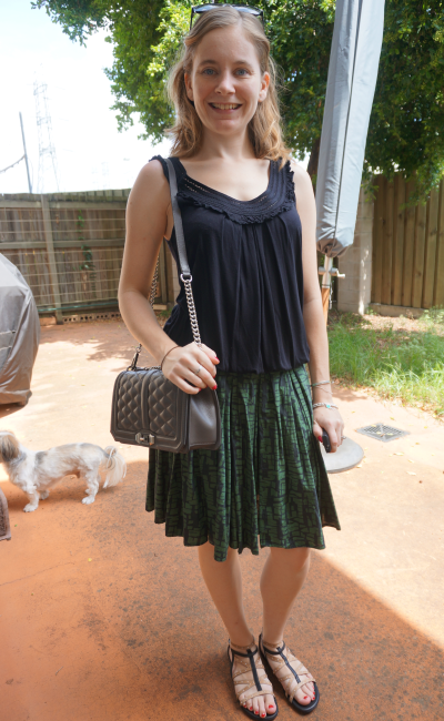 Black gathered tank pleated printed A-line skirt sandals Rebecca Minkoff Love Bag