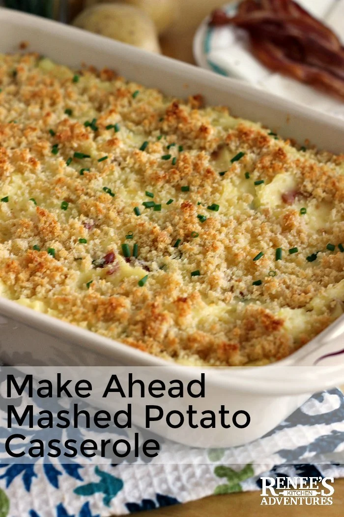 Loaded Mashed Potato Casserole by Renee's Kitchen Adventures is an easy recipe for a mashed potato casserole that can be made up to 3 days ahead and then baked before serving. Full of cheese, bacon, sour cream and chives. Perfect holiday side dish or side dish for any meal. #mashedpotatoes #casserole #holidaysidedish #sidedish