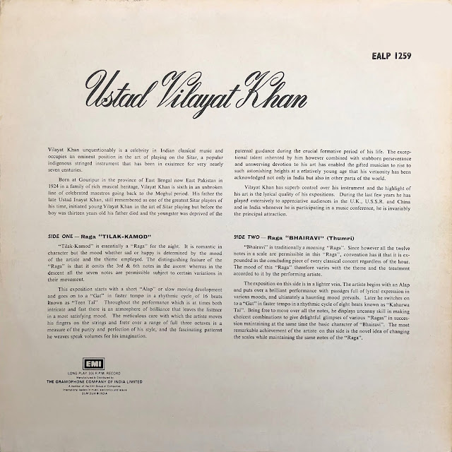 MusicRepublic - INDIA – INDE Vilayat Khan – Raga Tilak & Raga Bhairavi – HMV EALP 1259 Hindustani Raga Indian music musique indienne sitar tabla