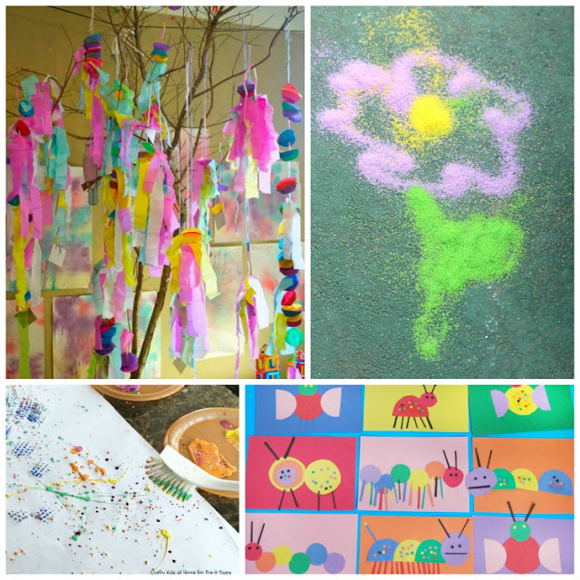 Spring Process Art- Great collection of 20 ideas for spring process art for toddlers, preschoolers, kindergartners, and elementary kids. You'll find painting, stamping, collages, sculpture, and more.  Make flowers, bugs, rainbows, and butterflies!