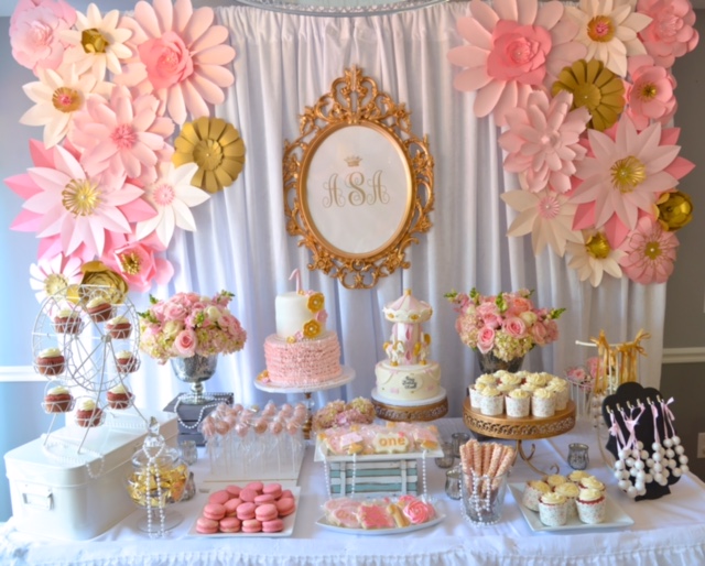 ruffle, lace, pearl, floral first birthday party