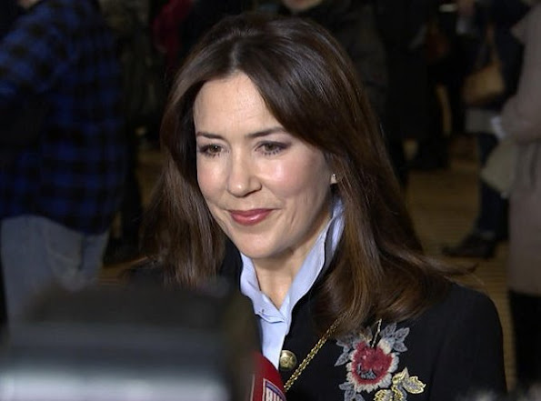 Crown Princess Mary wore Zara Floral Embroidered Military Style Coat. Zara leather trousers at International Women's Day 2017