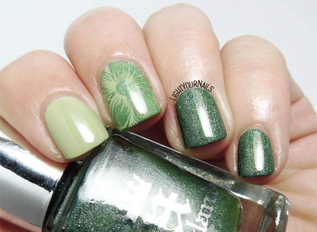 Green skittlette manicure feat. Essie, A-England and MoYou Nails
