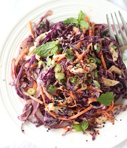 red cabbage salad with spicy miso dressing