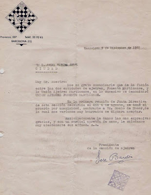 Carta sobre la fusión del Fomento Martinense y la Unión Ajedrez Martinense a Ángel Ribera en 1960