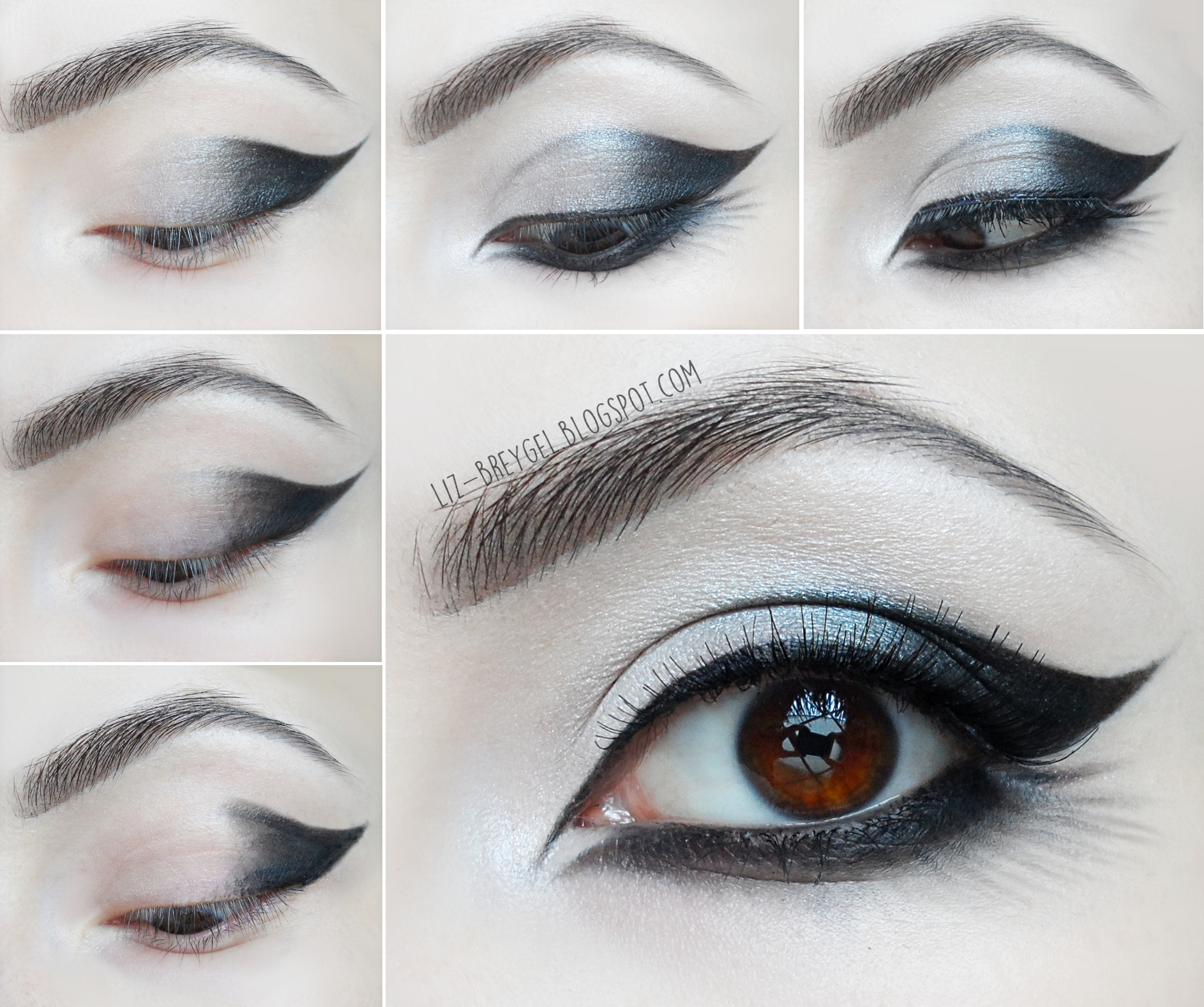 collage with a step-by-step makeup tutorial showing how to apply goth eye makeup look on hooded eyes