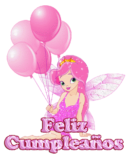 Gifs de Feliz Cumple para niña  nena tarjetas con movimiento animadas hadas globos rosa