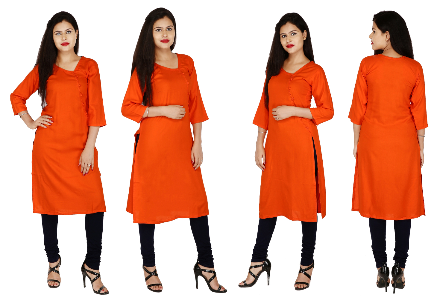 Straight Orange Color Rayon Kurti With Black Cotton Lycra Leggings Set