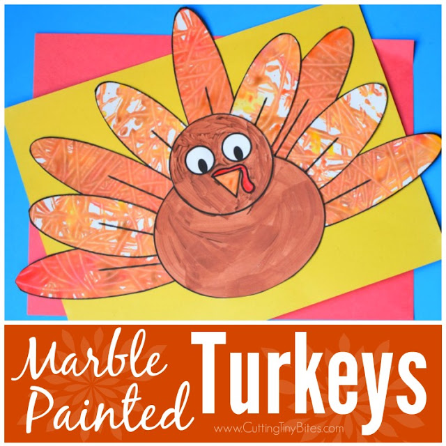 Marble Painted Turkey- Thanksgiving craft for kids. Paint feathers with this fun process art technique. Great for preschool, kindergarten, or elementary kids. Cutting and gluing promotes fine motor skills!