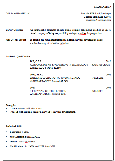 Resume Format For B Tech C S E Freshers Proofreadingwebsite Web Fc2 Com