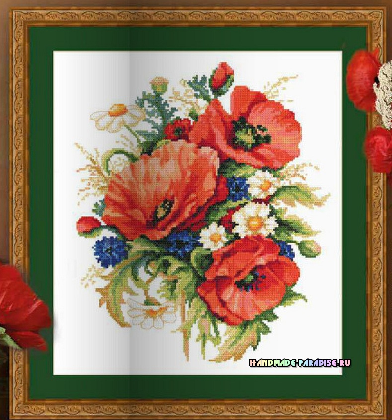 Вышивка. Букет полевых цветов с васильками, ромашками и маками