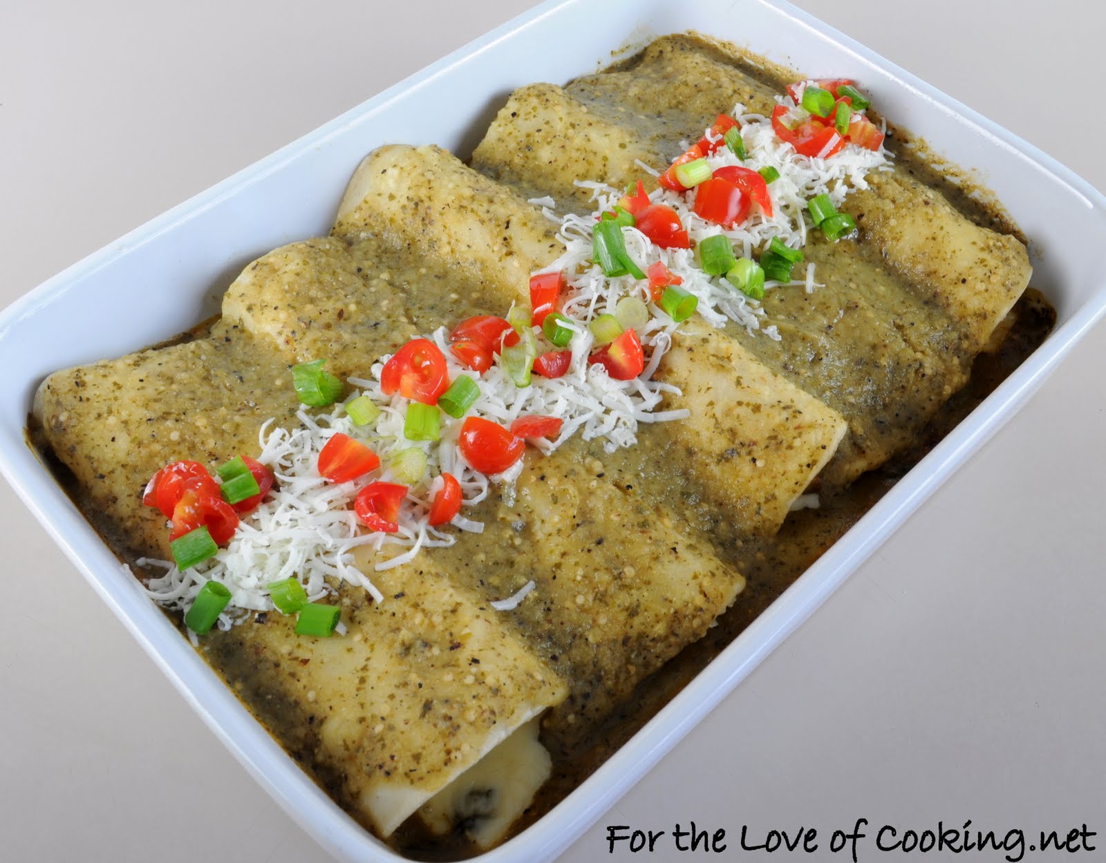 Spinach, Mushroom, and Poblano Enchiladas in a Tomatillo Sauce For