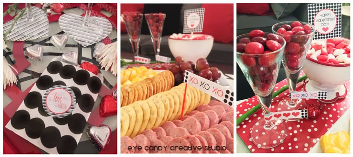 gift bags, heart shaped coasters, free valentines printables, cheese and crackers tray, m&ms