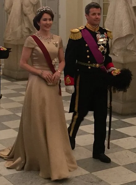 Queen Mathilde wore Armani Prive Gown, Princess Mary wore gown and Princess Marie diamond tiara at State Banquet at Christiansborg Palace