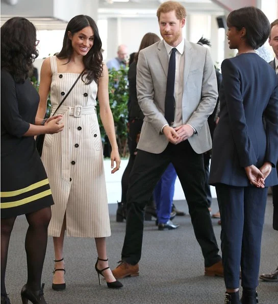 Meghan Markle wore Altuzarra Audrey button detailed ottoman midi dress, Camilla And Marc Marguerite blazer, carried Oroton Avalon Zip Top Crossbody