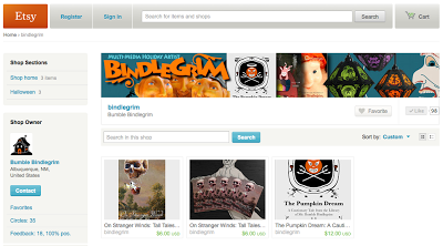 Screen shot of Bindlegrim etsy shop featuring spooky collection of stories with witches, ghosts, veggie people, and talking cats....