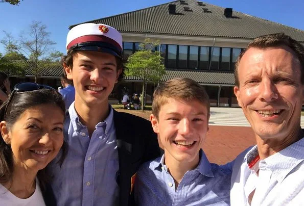 Princess Marie wore a new floral print skirt by Ganni.Prince Joachim, Princess Marie, Prince Felix and Countess Alexandra at graduation party