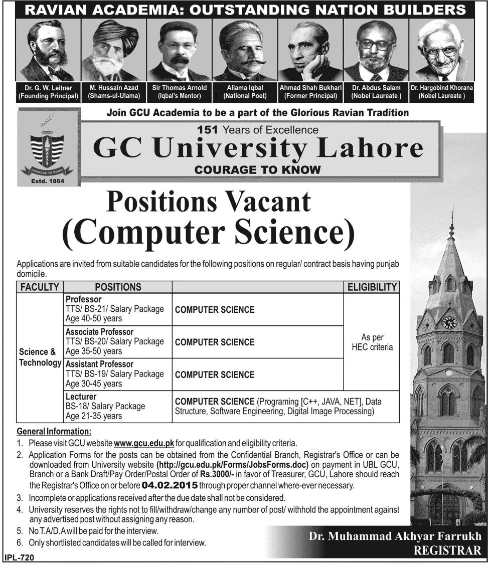 Jobs in GC University Lahore Computer Science Department Jobs in