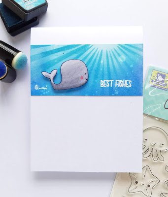 CAS card, Itsy bitsy stamps, Craftyscrappers, stenciling, distress oxide ink, distress inks, Ink blending, Quillish, Birthday card, underwater scene card, underwater sunshine, underwater card, fish card, underwater fish scene card, cardsby ishani, clean and simple card