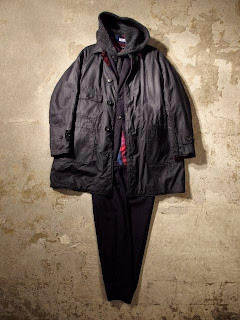 Engineered Garments Reversible Coat in Dk.Navy CL Coated Canvas with Dk.Navy/Red Wool Floral Jacquard Combo