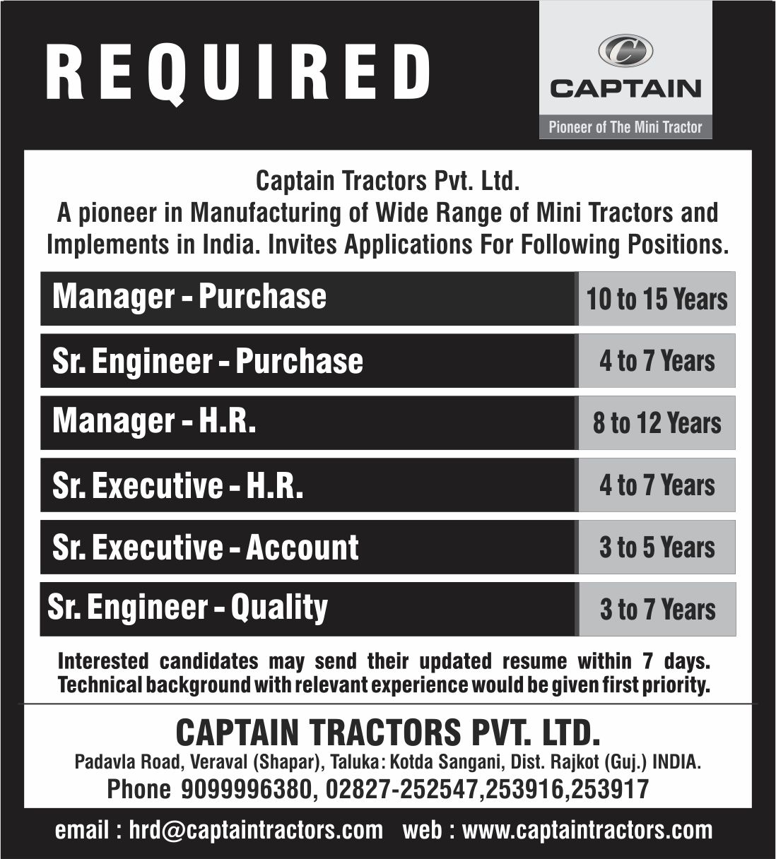 Captain Tractors Pvt. Ltd. JOB POSTING