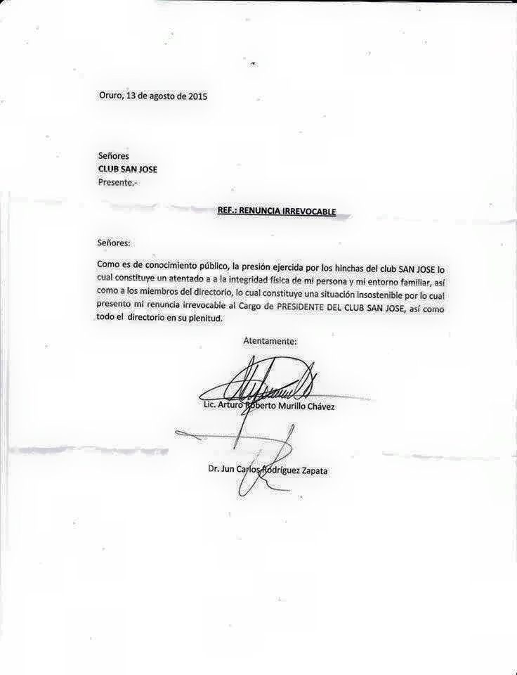 Club San Jose de Oruro: Carta de Renuncia de Arturo Murillo ex