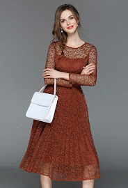 2018 4-Color Long Sleeve Pleated Lace Dress
