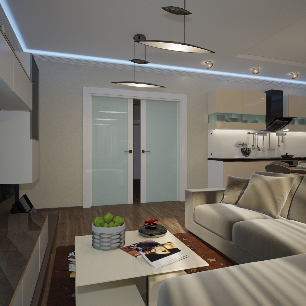 дизайн света в кухне гостиной