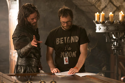 Duncan Jones and Travis Fimmel on the set of Warcraft
