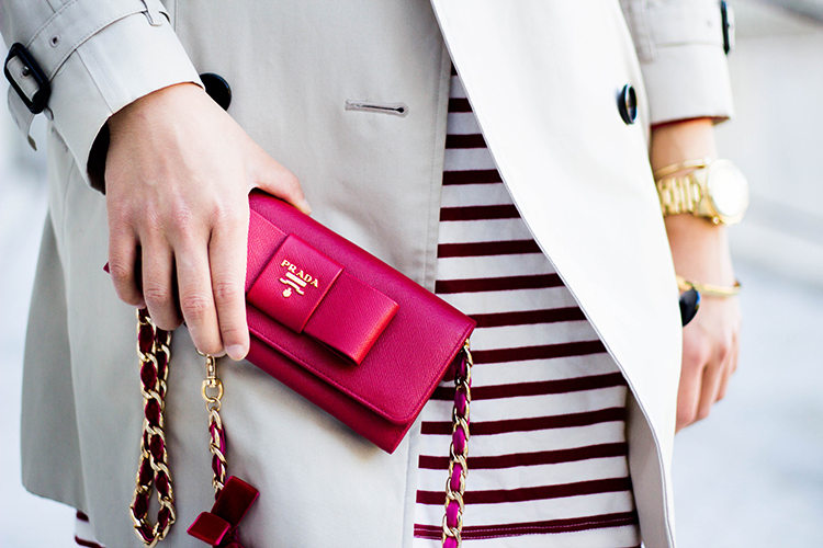 Outfit ideas - How to wear Prada Saffiano Wallet on a Chain, Pink (Peonia)  - WEAR