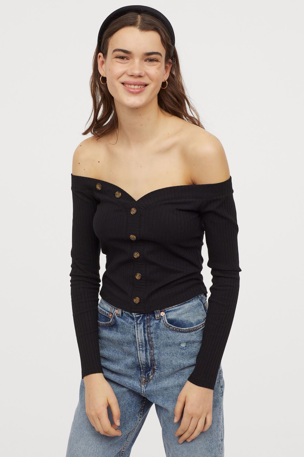 Budget-Friendly Spring Style — Under-$20 Black Ribbed Off-The-Shoulder Top, Headband, Hoop Earrings, and Jeans