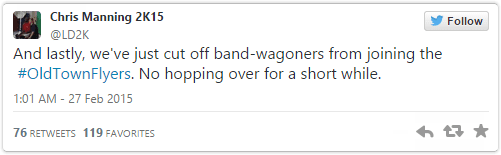 And lastly, we've just cut off band-wagoners from joining the #OldTownFlyers. No hopping over for a short while. 