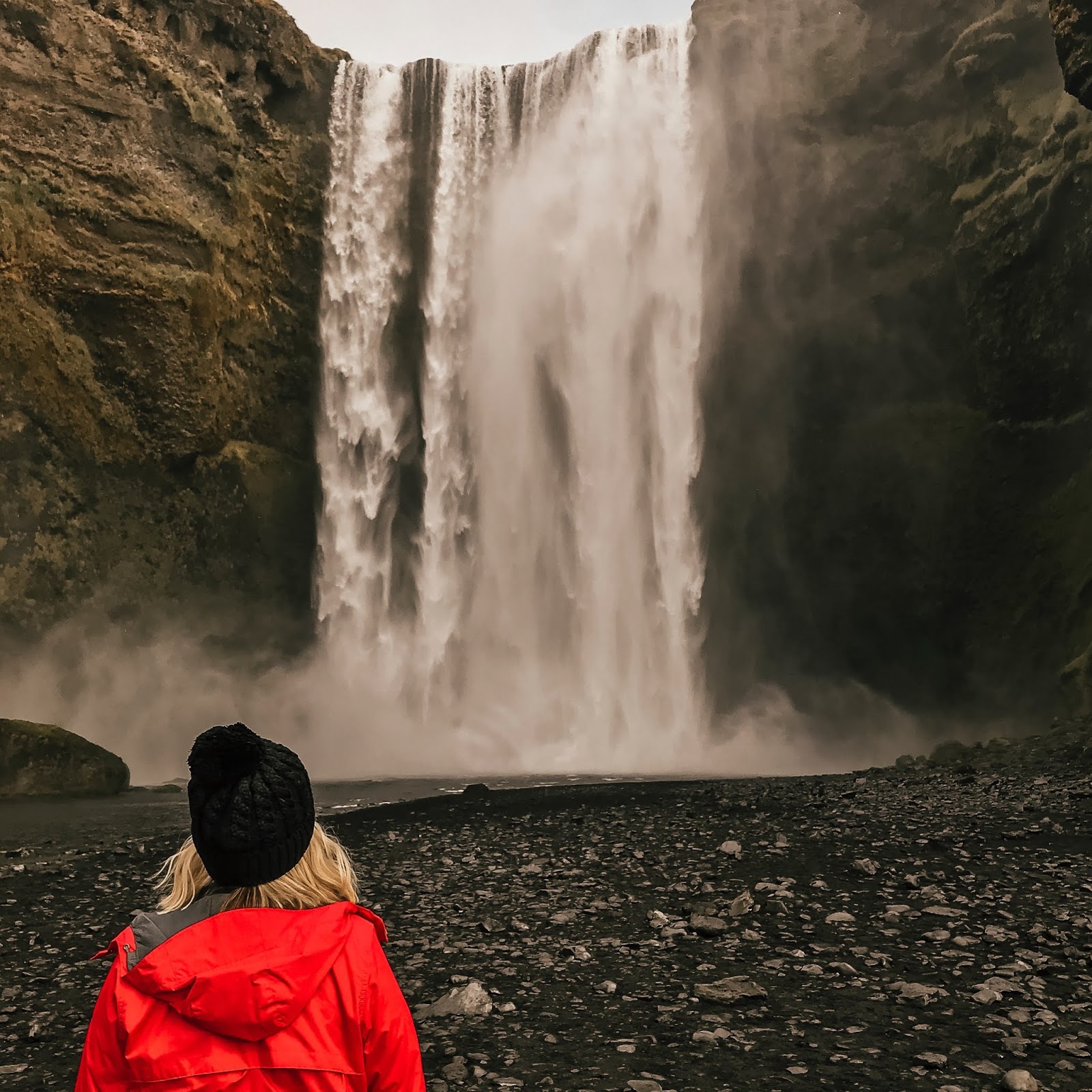 Enjoying the view at Skogafoss waterfall in southern Iceland