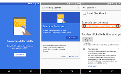 screenshots showing instructions on how to use accessibility scanner and the results it shows.