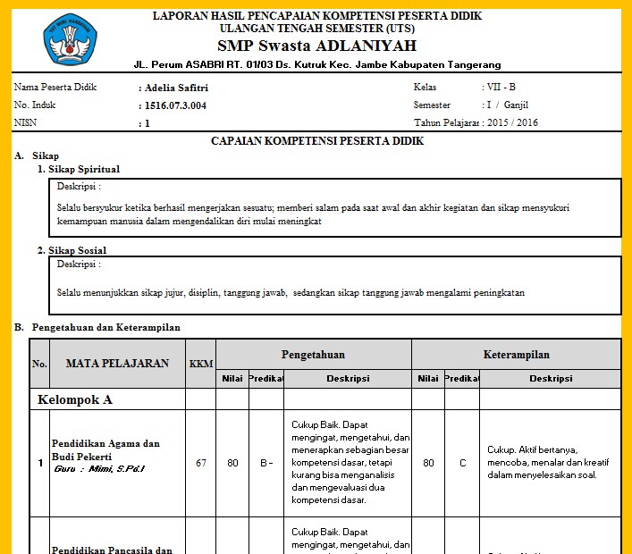 Raport K13 Smp Deskripsi Otomatis