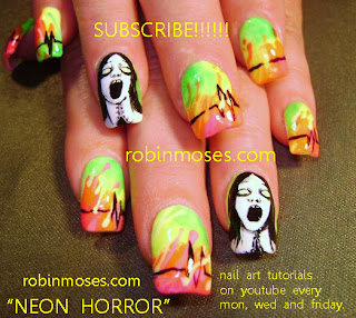 NEON RAINBOW PABLO PICASSO NAIL art design, NEON HORROR MOVIE NAIL art design. THE RING NAIL ART. JAPANESE HORROR NAIL. NEON PINK and BLACK BUMBLEBEE nail art tutorials up for monday