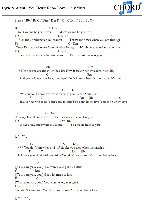 คอร ด เน อเพลง You Don T Know Love Olly Murs Chordza คอร ดเพลง คอร ดก ต าร เน อเพลง เพ อท กท านท ม ดนตร ในห วใจ