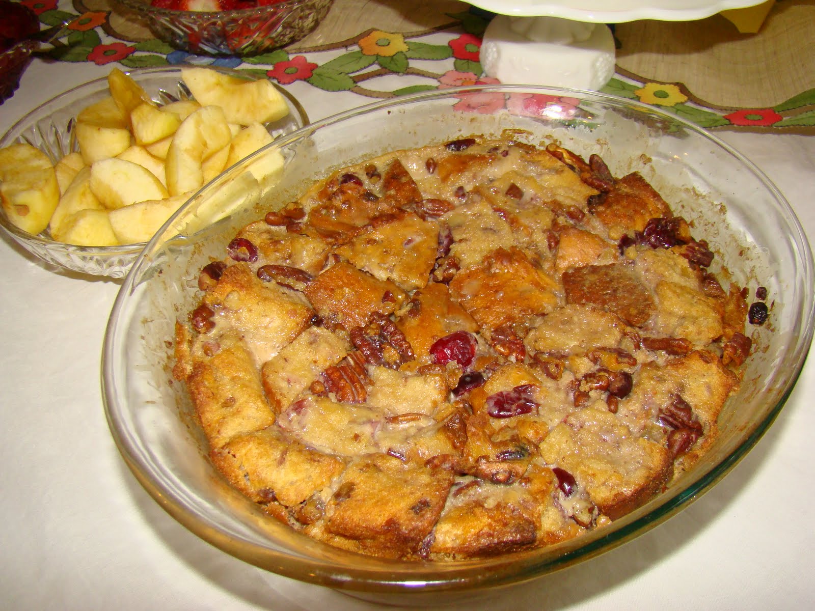 Family American Style Bread pudding with vanilla custard sauce.