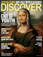 Discover cover with gray-haired Mona Lisa illustration
