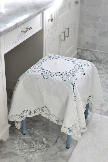 Louis Blue chalk painted vanity stool topped with Battenburg lace