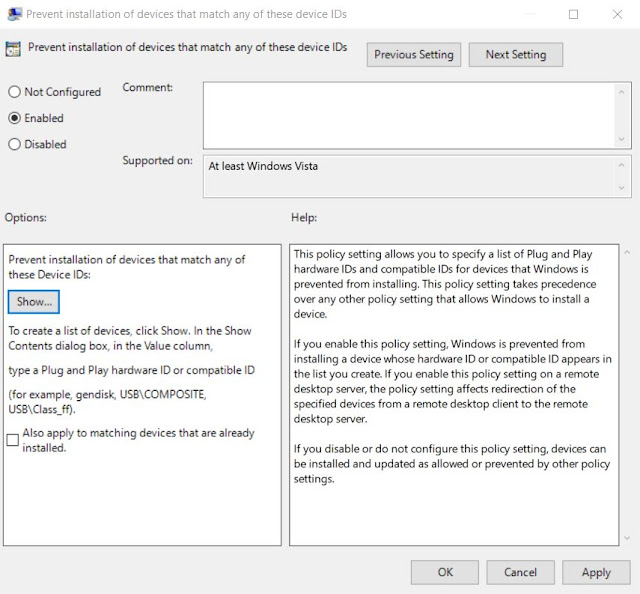 Windows 10 Group Policy Editor  - Device Installation Restrictions Enabled