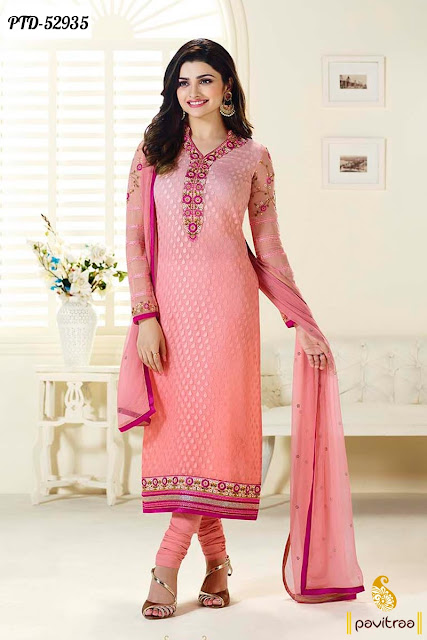 pink color braso bollywood actress heroine Prachi Desai special trendy embroidery design party wear salwar suit online for New Year 2016