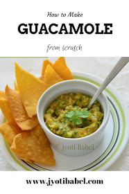 Guacamole is a Mexican dip made with ripe Avocados. When the mashed chunks of Avocados are mixed with minced onion, tomato, chopped coriander, seasoning and lemon juice, you get this delicious Mexican dip that is a must-serve in any Mexican meal. Find the recipe at www.jyotibabel.com