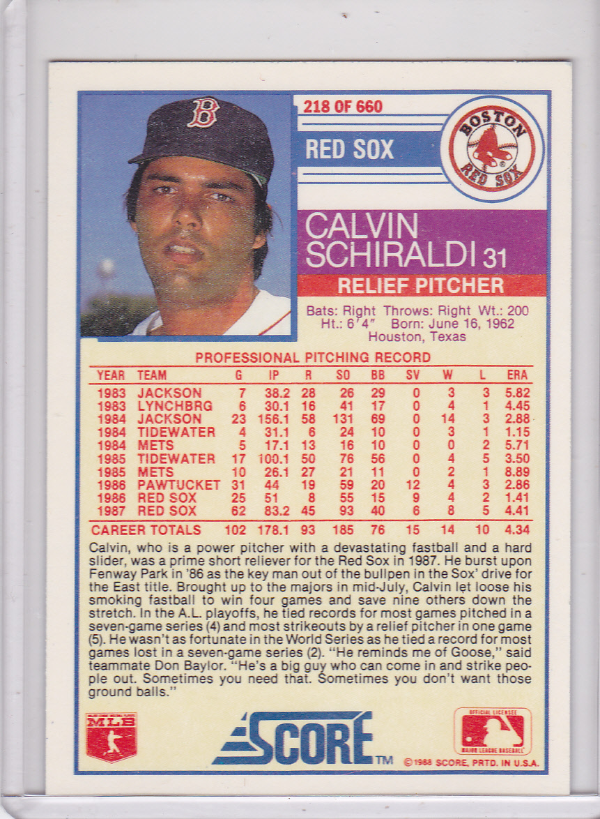 Red Sox Baseball Cards 1988 Score Red Sox Calvin Schiraldi