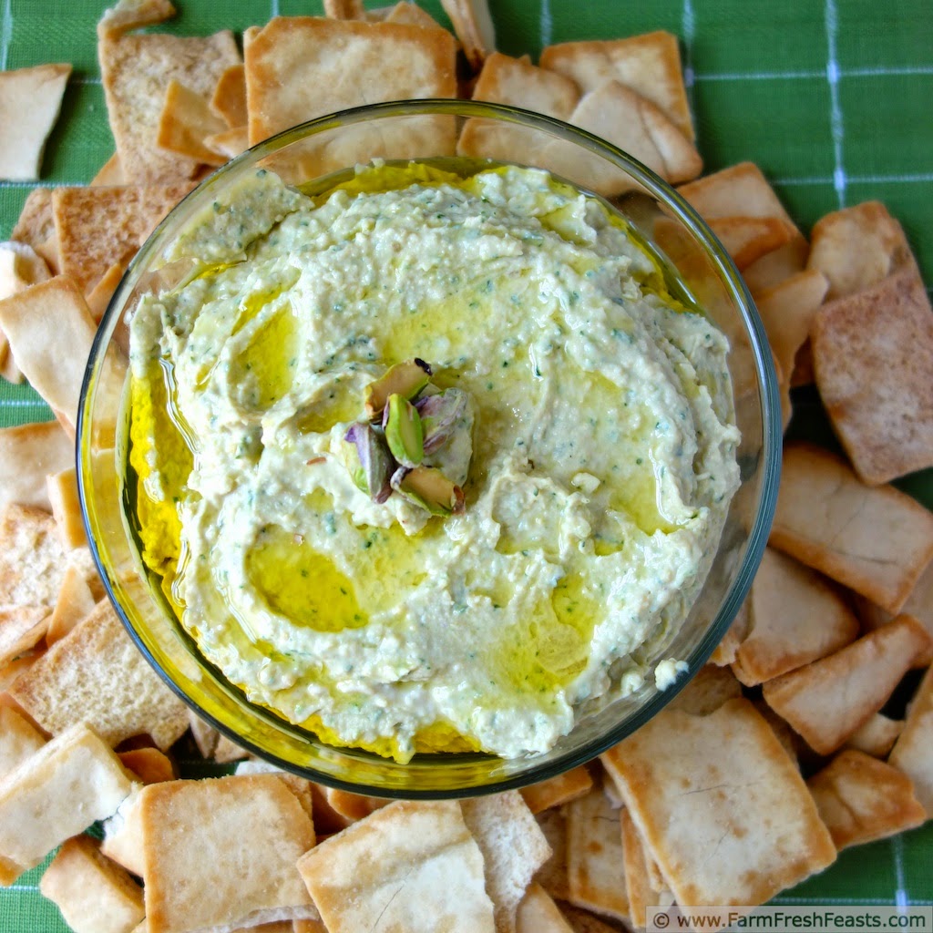 Garlic scapes, basil, parsley and pistachios combined in a traditional hummus base for a fresh Spring dip. Freeze the pesto to make this year round!