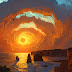 Pintura Pôr do Sol Oceano Rochas