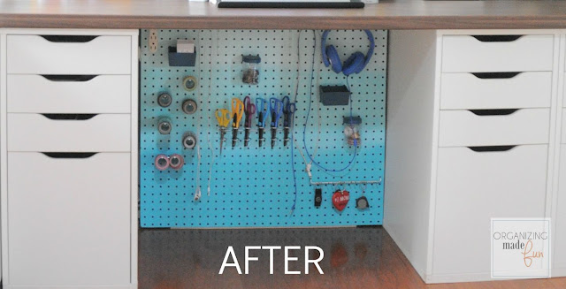 AFTER: under desk cords are hidden and organized :: OrganizingMadeFun.com