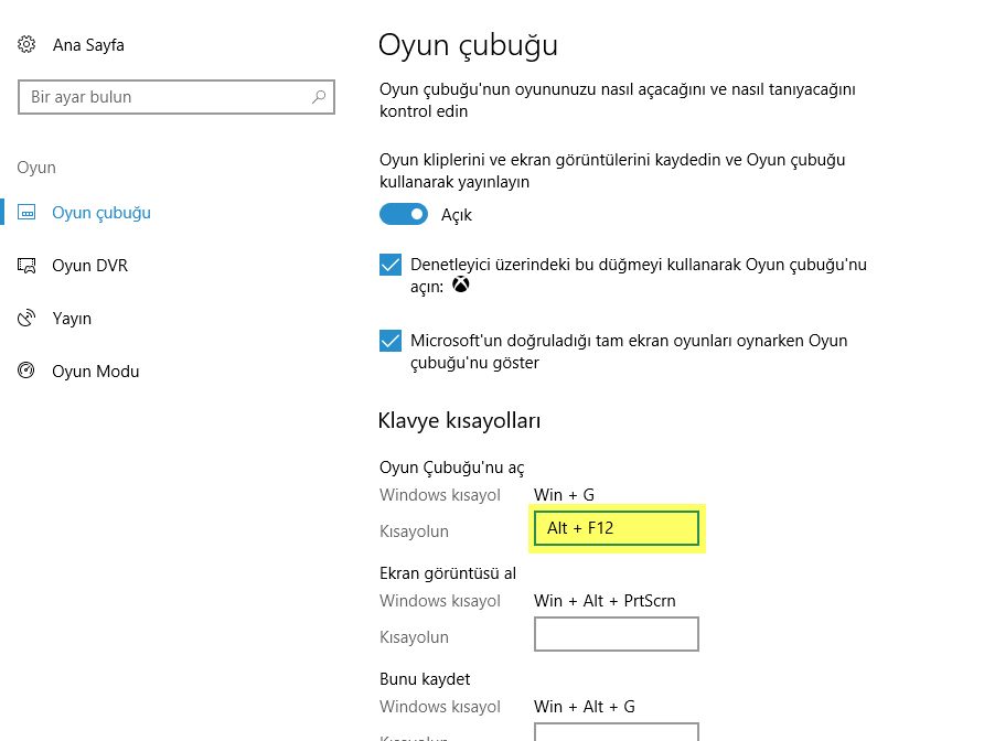 Windows 10'daki Oyun Çubuğu için klavye kısayollarını değiştirmenin 2 yolu 4 oyun%2B%25C3%25A7ubu%25C4%259Fu 5