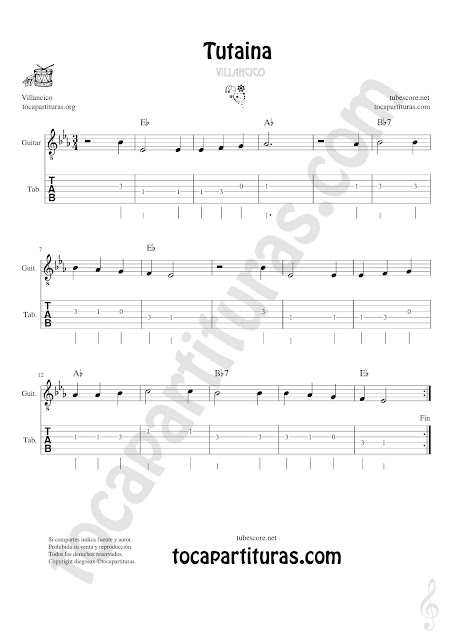  Guitarra Tablatura y Partitura Original de Tutaina Villancico Punteo Tablature Sheet Music for Violin Tabs Music Scores
