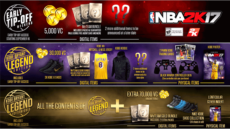 NBA 2K17 Standard, Kobe Bryant Legend & Kobe Bryant Legend Gold Edition Details